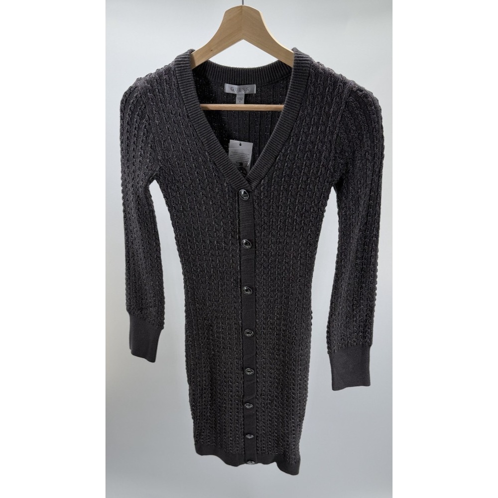 Guess Women's Josie Ribbed V-Neck Cardigan Dress Dark Grey Silver Lurex Small S